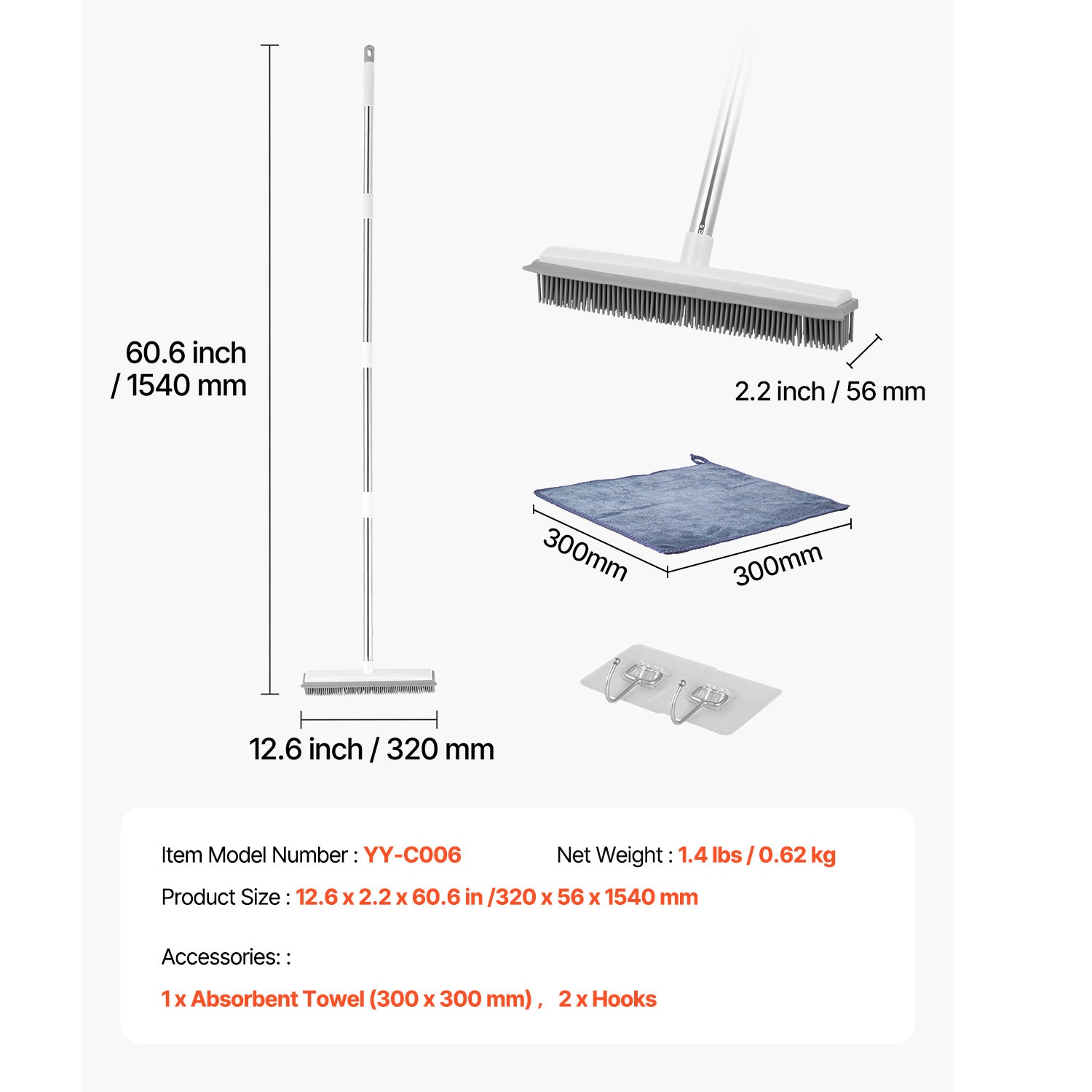 Soleya™ FurForce Rubber Broom — Long Handle Pet Hair Remover